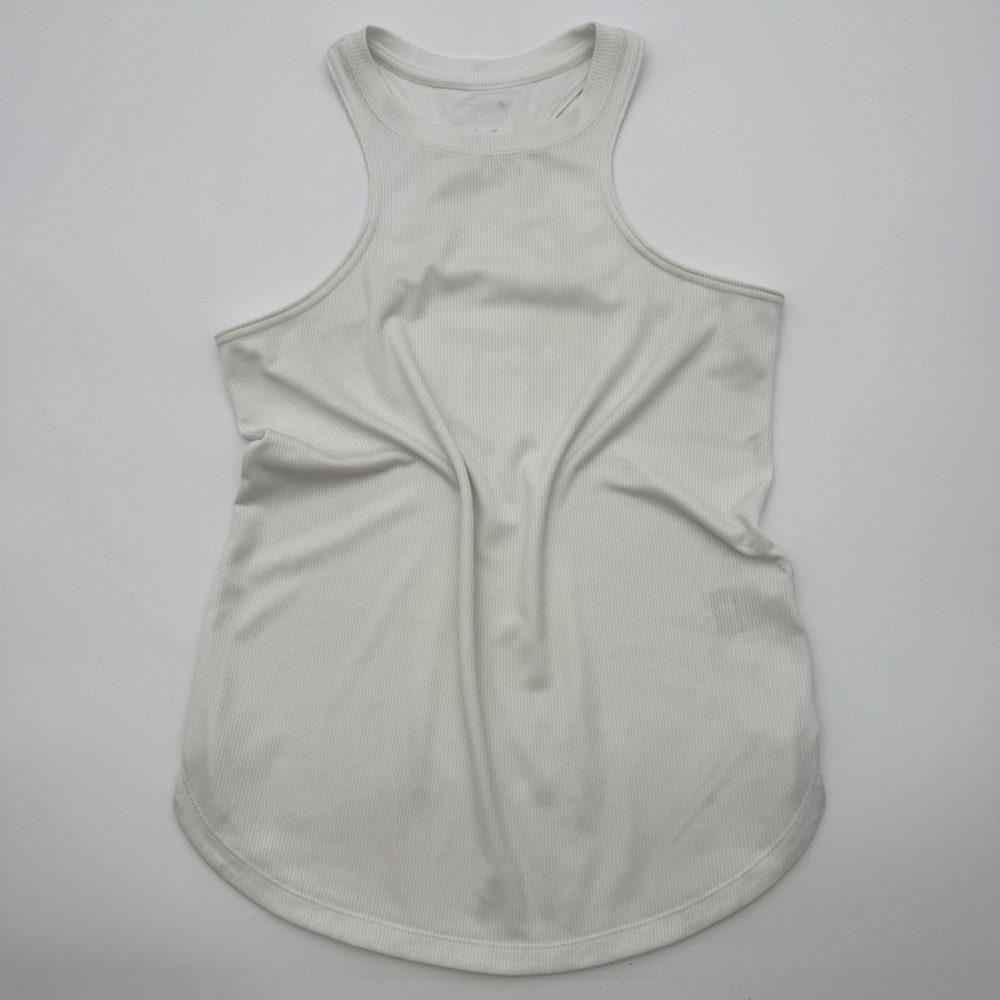 Nike Dri-FIT Ribbed Racerback Tank Top White Small High Neck Curved Hem